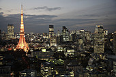 Japan,  Tokyo,  skyline at night,  general aerial view,  Tokyo Tower