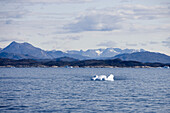 Icebergs and mountains under clouded sky, Qaqortoq, Kitaa, Greenland