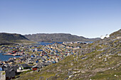 View at landscape and coastal town, Qaqortoq, Kitaa, Greenland