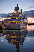 Luxury yacht Apoise at harbour at dusk, Reykjavik, Iceland, Europe