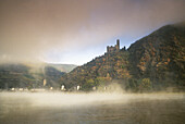 Morning mist at Maus castle, near St. Goarshausen, Rhine river,  Rhineland-Palatinate, Germany