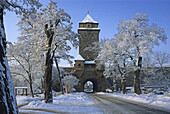 Galgentor, city gate and Winter landscape, Rothenburg ob der Tauber, Franconia, Bavaria, Germany