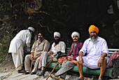 Sikh pilgrims resting on their way to holy Hemkund lake, Garhwal Himalaya, Uttarakhand, India, Asia