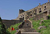 People in front of the Golconda Fort, Hyderabad, Andhra Pradesh, India, Asia