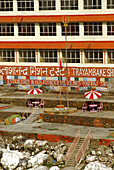 Sunshades in front of an ashram at Rishikesh, Uttarakhand, India, Asia