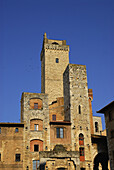 Old town with genera towers under blue sky, San Gimignano, Tuscany, Italy, Europe