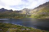 View at lake Agvatnet surrounded by mountains, Lofoten, Norway, Scandinavia, Europe