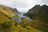 View at lake Agvatnet surrounded by mountains, Lofoten, Norway, Scandinavia, Europe