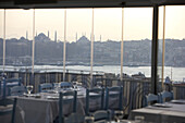 View towards the Golden Horn, Halic and the historic center with Hagia Sofia from Restaurant Doga Balik, Istanbul, Turkey