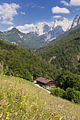 Old forester's lodge, Wilder Kaiser mountain ridge in background, Kaisertal, Ebbs, Tyrol, Austria
