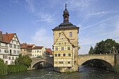 Old city hall and bridge over the Regnitz river, Bamberg, Upper Franconia, Bavaria, Germany