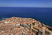High angle view of Cefalu with Cathedral-Basilica, Cefalu, Sicily, Italy