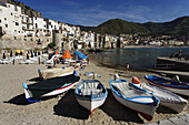 View along beach of Cefalu, Sicily, Italy