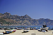 Taormina viewed from the bay of Giardini Naxos, Sicily, Italien