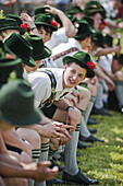 Young men wearing traditional costumes, May Running, Antdorf, Upper Bavaria, Germany