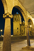 Cathedral in Plaza de Armas at night, Cusco, Peru