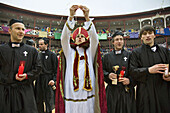 Friends dressed as priests, carnival, Tolosa. Guipuzcoa, Basque Country, Spain