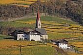 Kirche und Bauernhof bei Tschötsch, Scezze, Eissacktal, Südtirol, Italien / Church and farm near Tschoetsch, Scezze, Eissacktal, South Tyrol, Italy, Europe