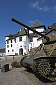 Luxembourg, Clervaux, Clervaux Castle  c. 12th c), the permanent home of ´The Family of Man´ photo exhibition with WW2 era Sherman tank