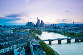 Germany, Hessen, Frankfurt-am-Main, Frankfurt Skyline elevated view from the east, dusk