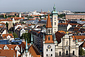 View from New Town Hall tower, Old Town Hall and Heiliggeistkirche church, Munich, Bavaria, Germany