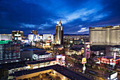 The Strip, aerial view south along Las Vegas Boulevard at dusk, Las Vegas, Nevada, USA