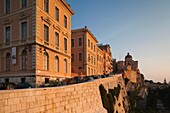 Italy, Sardinia, Cagliari, Il Castello Old Town, city walls and Cathedral of Santa Maria from Bastione San Remy, dawn