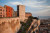 Italy, Sardinia, Cagliari, Il Castello Old Town, Torre dell´ Elefante tower, sunset