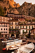 Italy, Lombardy, Lake District, Lake Garda, Limone sul Garda, Porto Vecchio, old port, dawn