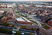 USA, Massachusetts, Boston, North End and Old North Church, Quincy Market and Leonard Zakim Bridge, high angle view, dawn