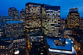 USA, Massachusetts, Boston, high angle view of the Financial District from the west, dusk