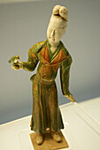 China, Shanghai, People Square, Shanghai Museum, polychrome Glazed Pottery Figurine of Woman with Parrot on Hand, Tang, A.D. 618-907
