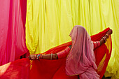 Inde, Rajasthan, Usine de Sari, Les tissus sechent en plein air  Ramassage des tissus secs par des femmes et des enfants avant le repassage  Les tissus pendent sur des barres de bambou  Les rouleaux de tissus mesurent environ 800 m de long   // India, Ra