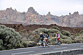 Cyclists in front of the Roques at Las Canadas, Parque National del Teide, Tenerife, Canary Isles, Spain, Europe
