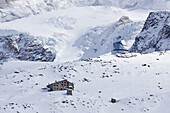 Glacier with old and new Monte Rosa Hut, Zermatt, Canton of Valais, Wallis, Switzerland