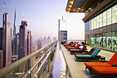 View from a terrace at high rise buildings along Sheikh Zayed Road, Dubai, UAE, United Arab Emirates, Middle East, Asia