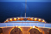 Stern of AIDA Bella cruiser in the evening, Mediterranean Sea