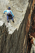 Woman climbing a rock face, crag, Tuscany, Italy
