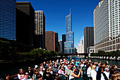 Cruise on the Chicago River, Trump Tower in the background, Chicago, Illinois, USA