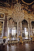 France, Versailles, Royal Palace, Hall of Mirrors, crystal chandeliers, gilt candelabras, painted ceiling, parquet wood floor
