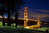 USA, California, San Francisco, Golden Gate Bridge, Monterey cypress Cupressus macrocarpa trees, looking north toward Marin County, dusk, NR