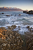 Dawn on limestone rocks, Kaikoura, Canterbury, New Zealand