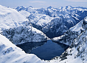 Lake Quill source of Mackinnon Falls aerial view Fiordland National Park New Zealand