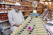 Model of the Golden Mosque atop a mound of spices, shop in the old town, Jerusalem, Israel, Middle East