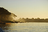 Boats on the Mekong river at dawn, South Laos, Laos, Asia