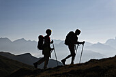 Two women hiking, Stallerberg, between Bivio and Juf, Canton of Grisons, Switzerland