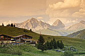 Mountain lodge Radons, Val Nandro, in the background Piz Mitgel and Corn da Tinizong, Graubuenden, Switzerland