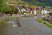 Historic River Rafting on the river Kinzig, Wolfach, Valley Kinzigtal, Southern Part of Black Forest, Black Forest, Baden-Württemberg, Germany, Europe