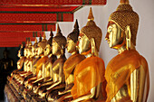 Row of Buddhas inside Wat Pho temple, Bangkok, Thailand, Thailand, Asia