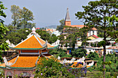 Pagoda and church in Da Lat in the southern mountains, Vietnam